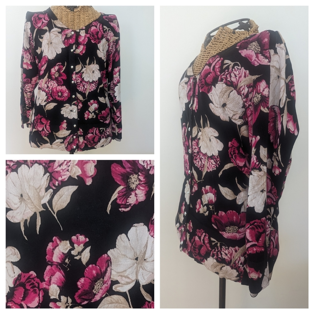 WHBM silver snaps floral cardigan sweater M